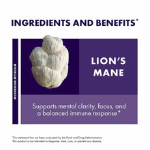 White lion's mane mushroom on purple background with "Ingredients and Benefits" text and mushroom mycelium label.