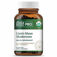 Gaia Herbs Pro Lion's Mane Mushroom supplement bottle with white cap and green label containing 60 capsules.