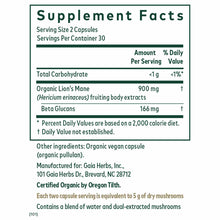 Supplement Facts label for Lion's Mane Mushroom capsules showing 900 mg organic extract per serving with 166 mg beta glucans.