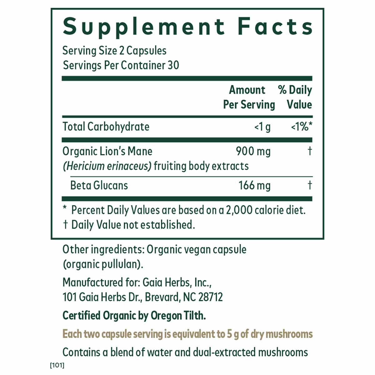 Supplement Facts label for Lion's Mane Mushroom capsules showing 900 mg organic extract per serving with 166 mg beta glucans.