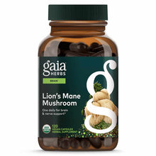 Brown glass bottle with green cap containing dark capsules, labeled Gaia Herbs Lion's Mane Mushroom, 120 vegan capsules.