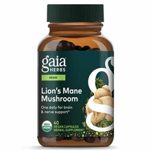 Gaia Herbs Lion's Mane Mushroom supplement bottle with green cap containing 40 vegan capsules.
