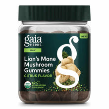Bottle of Gaia Herbs Lion's Mane Mushroom Gummies with green cap, dark label, and brown gummies visible inside.