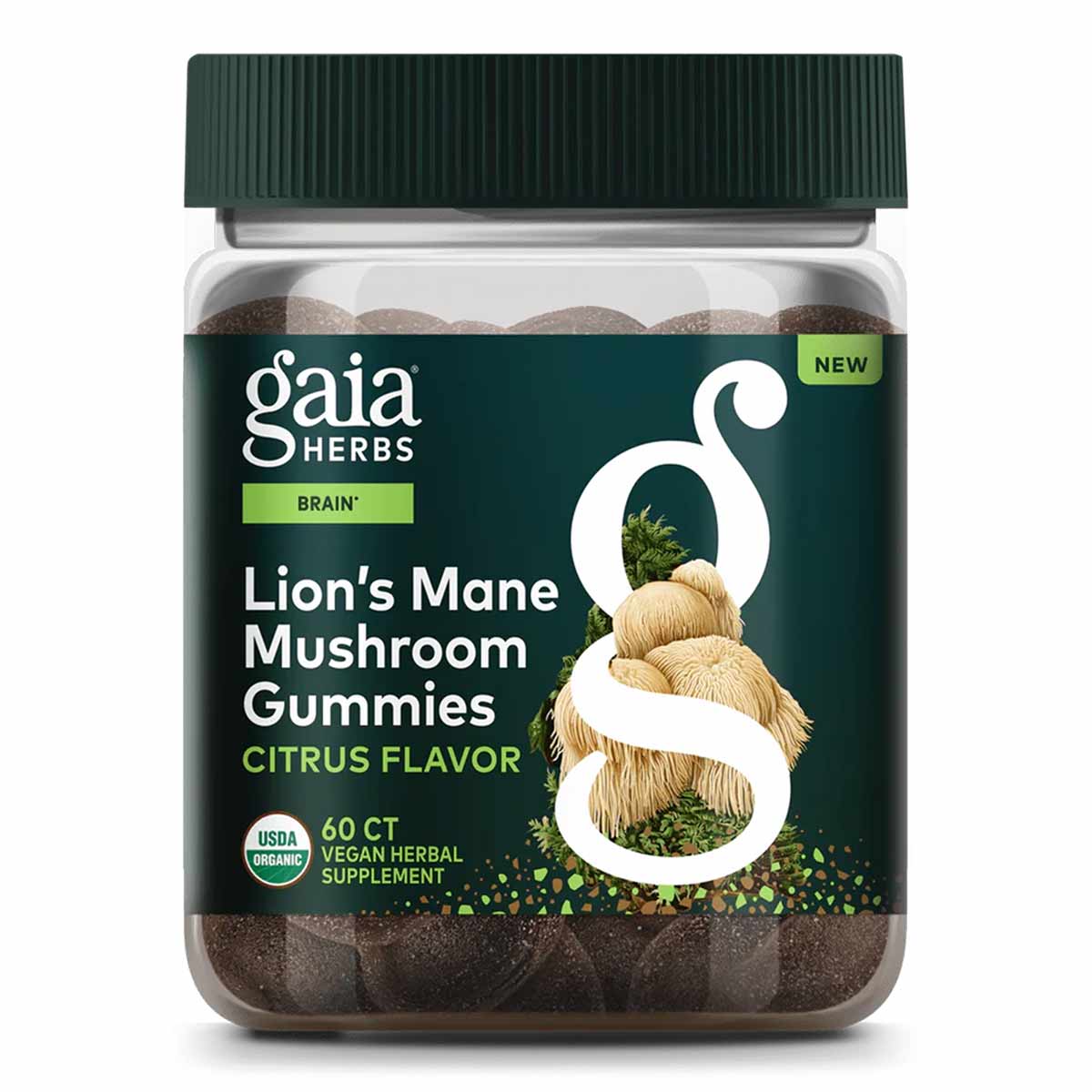 Bottle of Gaia Herbs Lion's Mane Mushroom Gummies with green cap, dark label, and brown gummies visible inside.