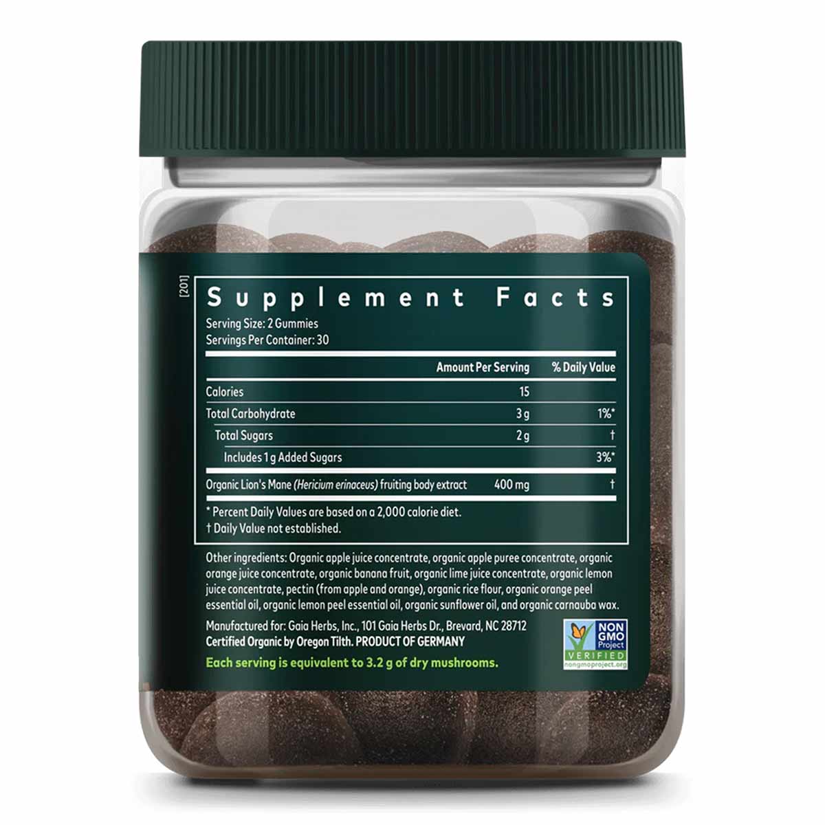Bottle of brown Lion's Mane mushroom gummies with green cap and label showing supplement facts and organic certification.