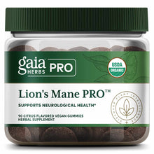 Gaia Herbs Pro Lion's Mane PRO bottle with green cap containing 90 citrus flavored vegan gummies.