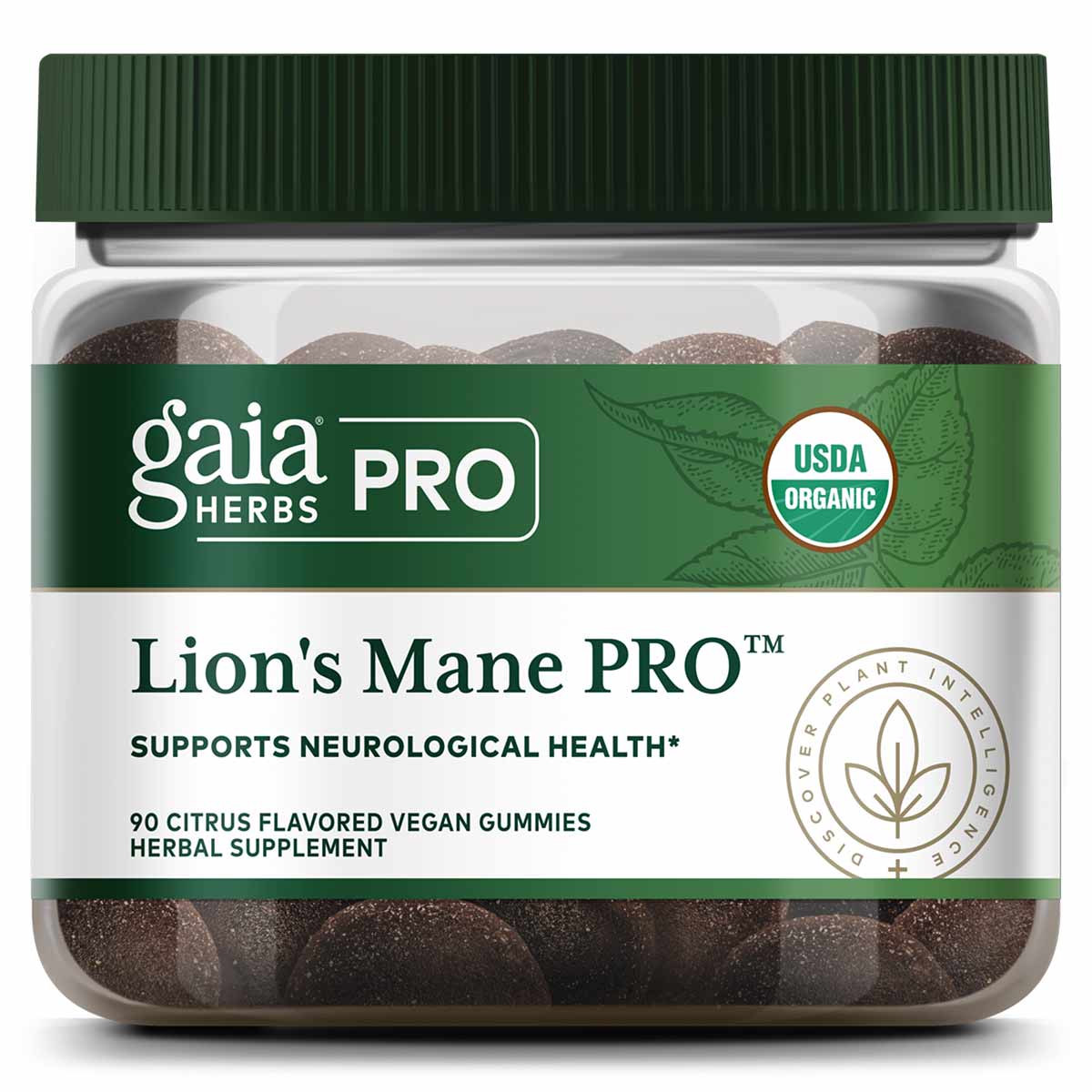 Gaia Herbs Pro Lion's Mane PRO bottle with green cap containing 90 citrus flavored vegan gummies.