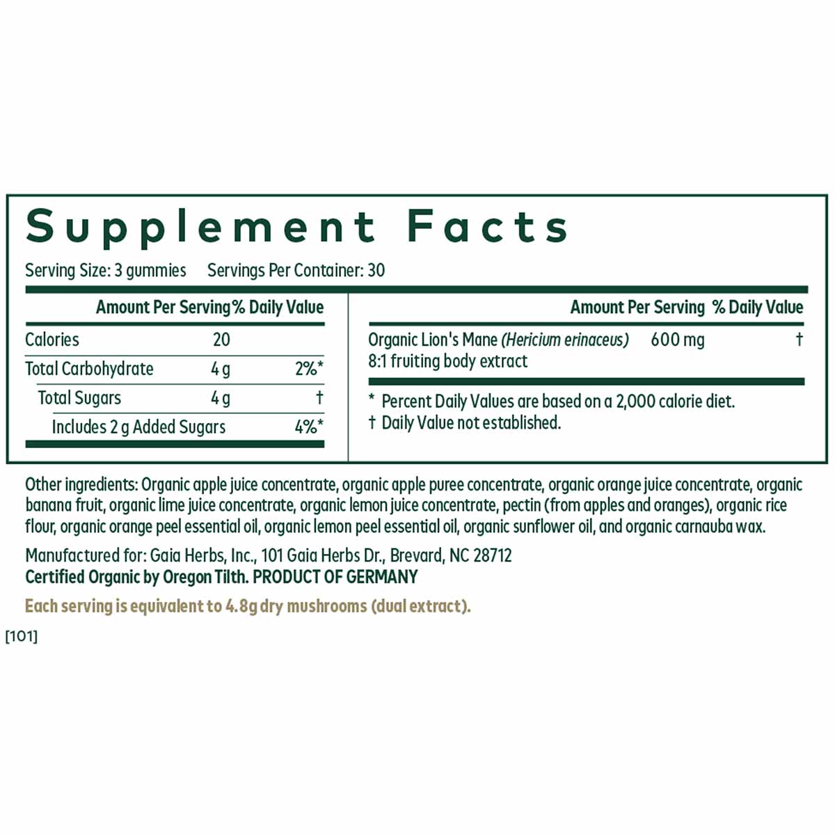 Supplement Facts label for Lion's Mane Pro gummies showing serving size, nutritional information, and organic ingredients.