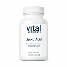 White bottle of Vital Nutrients Lipoic Acid dietary supplement with white cap containing 60 vegan capsules.