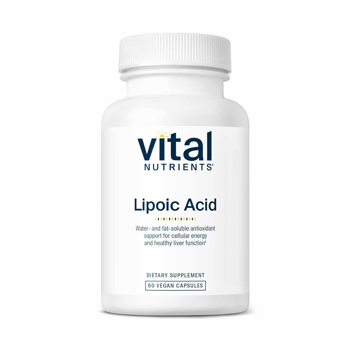 White bottle of Vital Nutrients Lipoic Acid dietary supplement with white cap containing 60 vegan capsules.