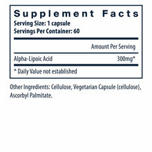 Supplement Facts label showing Alpha-Lipoic Acid 300mg per capsule, 60 servings per container, with other ingredients listed.