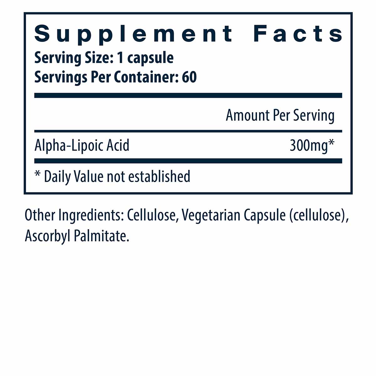 Supplement Facts label showing Alpha-Lipoic Acid 300mg per capsule, 60 servings per container, with other ingredients listed.