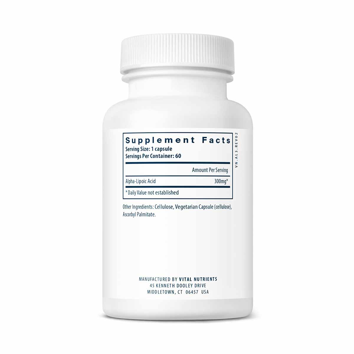 White bottle with white cap containing 60 vegetarian capsules of Lipoic Acid 300mg by Vital Nutrients.