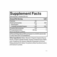 Supplement Facts label for liposomal creatine supplement showing 5g creatine monohydrate per 30mL packet serving.