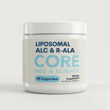White plastic bottle labeled "Liposomal ALC & R-ALA" by Core Med Science, containing 90 capsules.