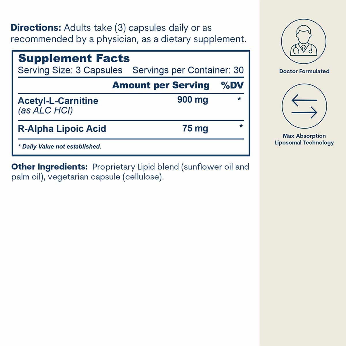 Supplement Facts label showing directions, ingredient information for Acetyl-L-Carnitine and R-Alpha Lipoic Acid, with doctor