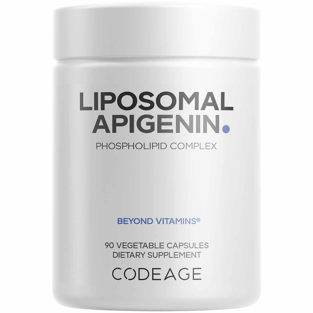White cylindrical bottle of Liposomal Apigenin Phospholipid Complex by Codeage containing 90 vegetable capsules.