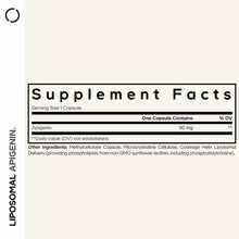Supplement Facts label showing Liposomal Apigenin 50mg per capsule with ingredients including methylcellulose capsule and lip