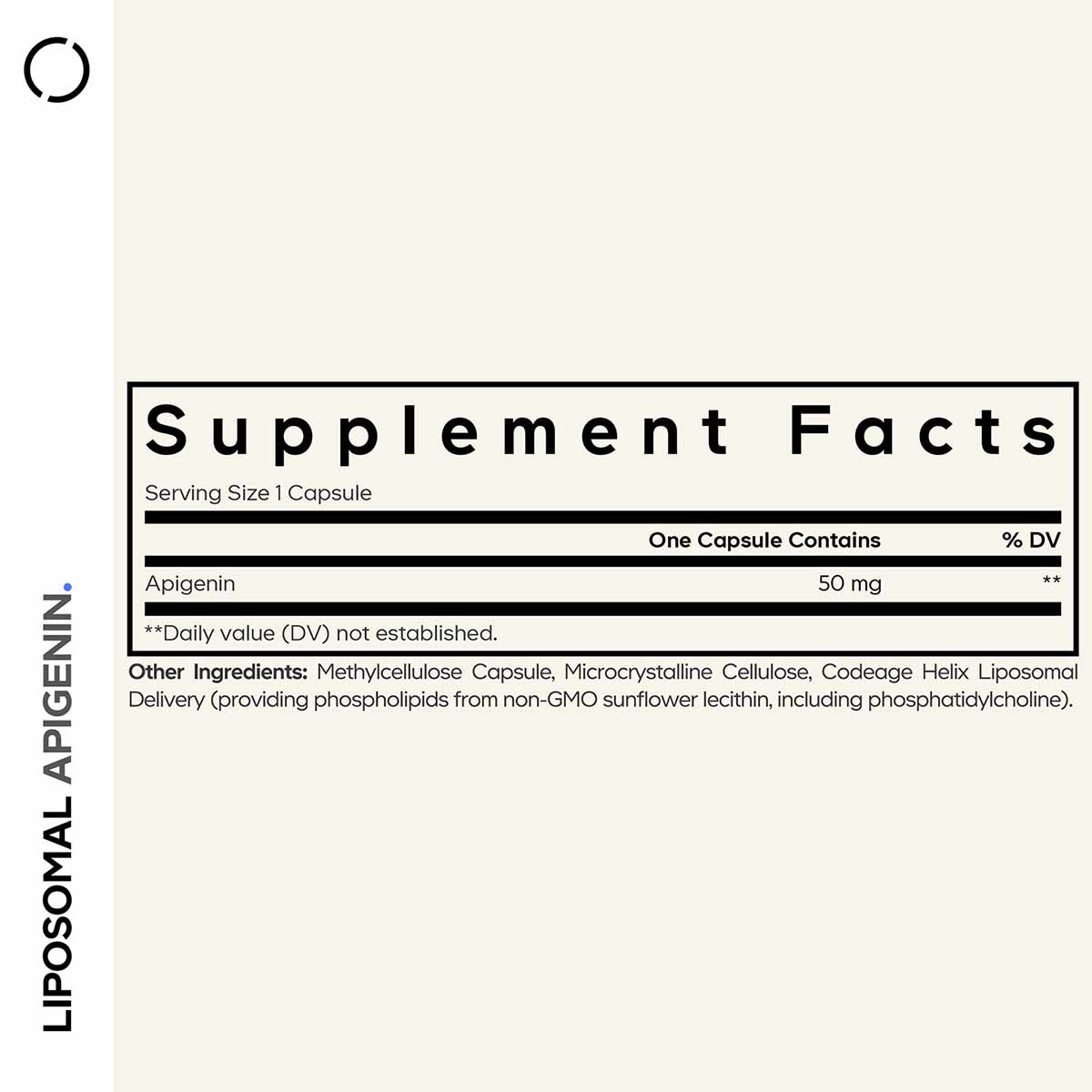 Supplement Facts label showing Liposomal Apigenin 50mg per capsule with ingredients including methylcellulose capsule and lip