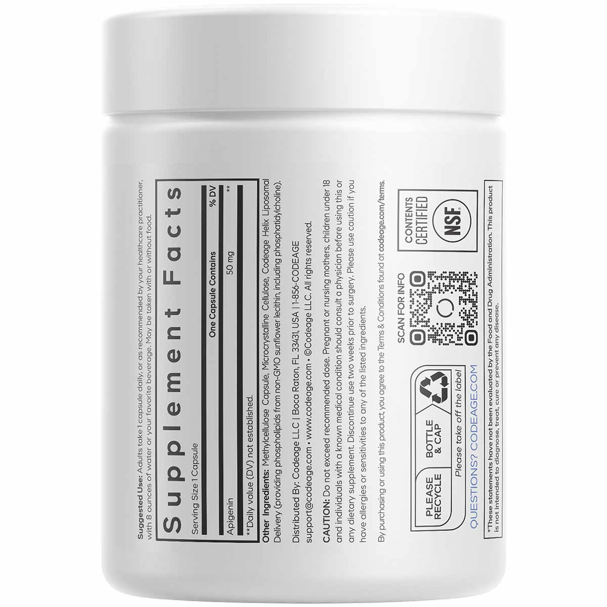 White supplement bottle labeled "Supplement Facts" with Codeage branding and QR code on label.