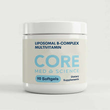 White plastic bottle with white lid containing Core Med Science Liposomal B-Complex Multivitamin, 90 softgels.