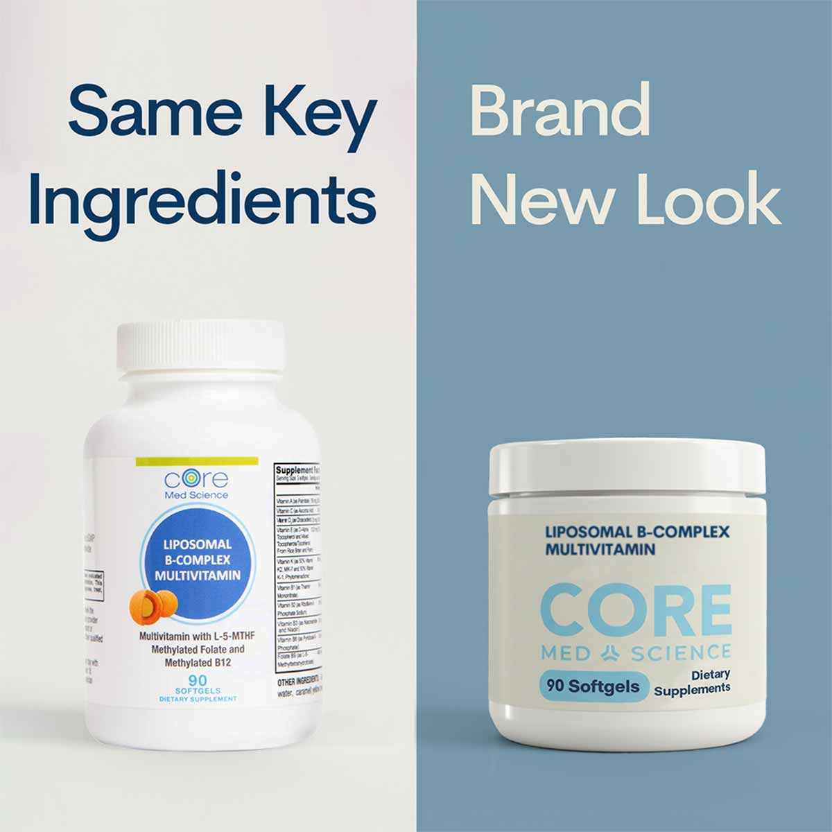 Two white bottles of Core Med Science liposomal B-complex multivitamin softgels showing old and new packaging designs.