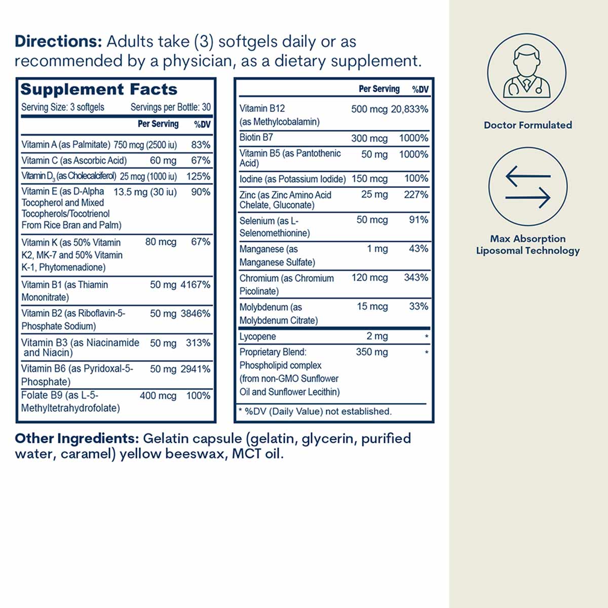 B-complex multivitamin supplement facts label showing serving size, vitamin contents, and dosage instructions with doctor-for