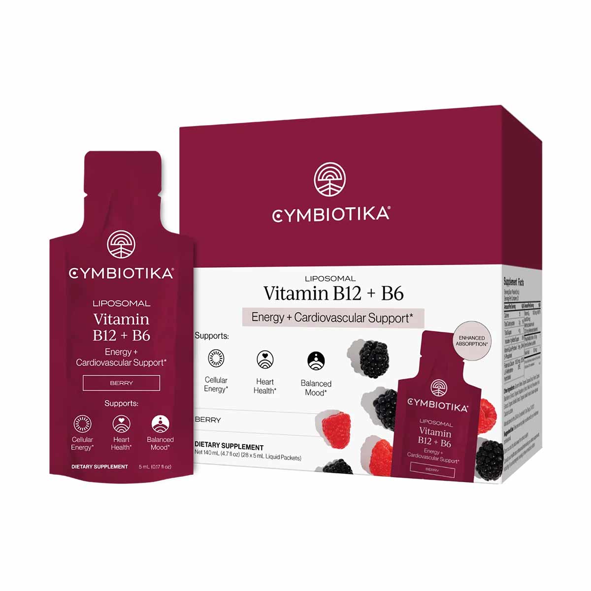 Cymbiotika Liposomal Vitamin B12 + B6 supplement packets in berry flavor with burgundy packaging and berry fruit imagery.