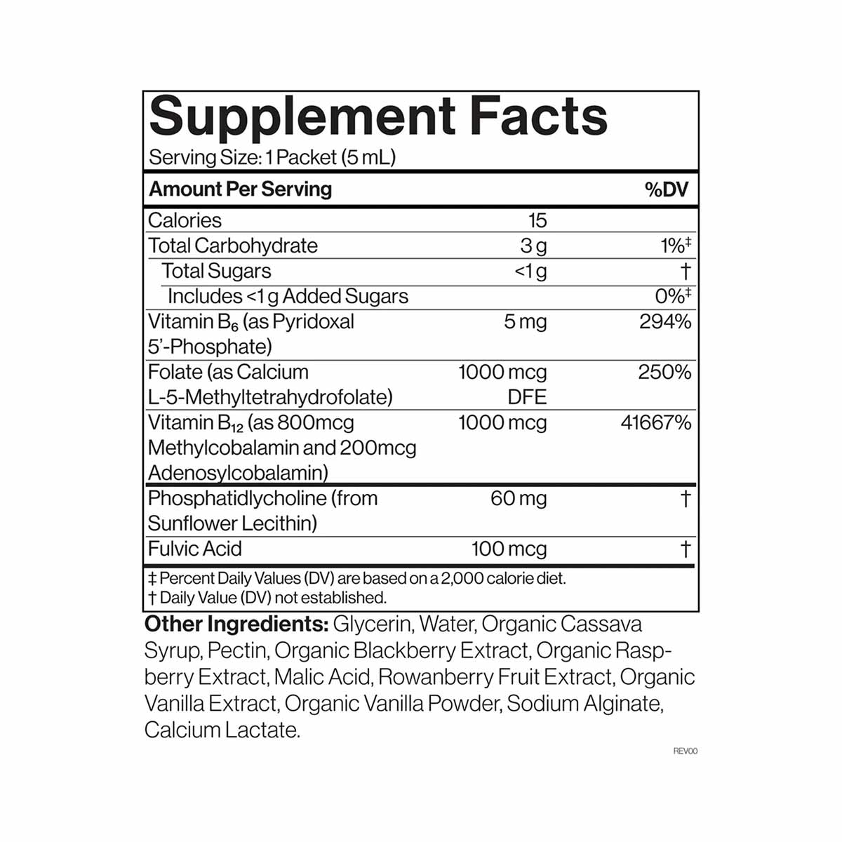 Supplement Facts label showing nutritional information for liposomal B12 and B6 vitamin packet with ingredients.