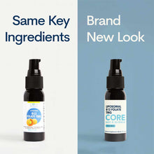 Dark glass spray bottle labeled "Liposomal B12 Folate TMG" by Core Med Science, 1 oz, with black pump top.