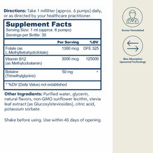 Supplement facts label for liposomal B12, folate, and TMG liquid with dosage instructions and ingredient list.