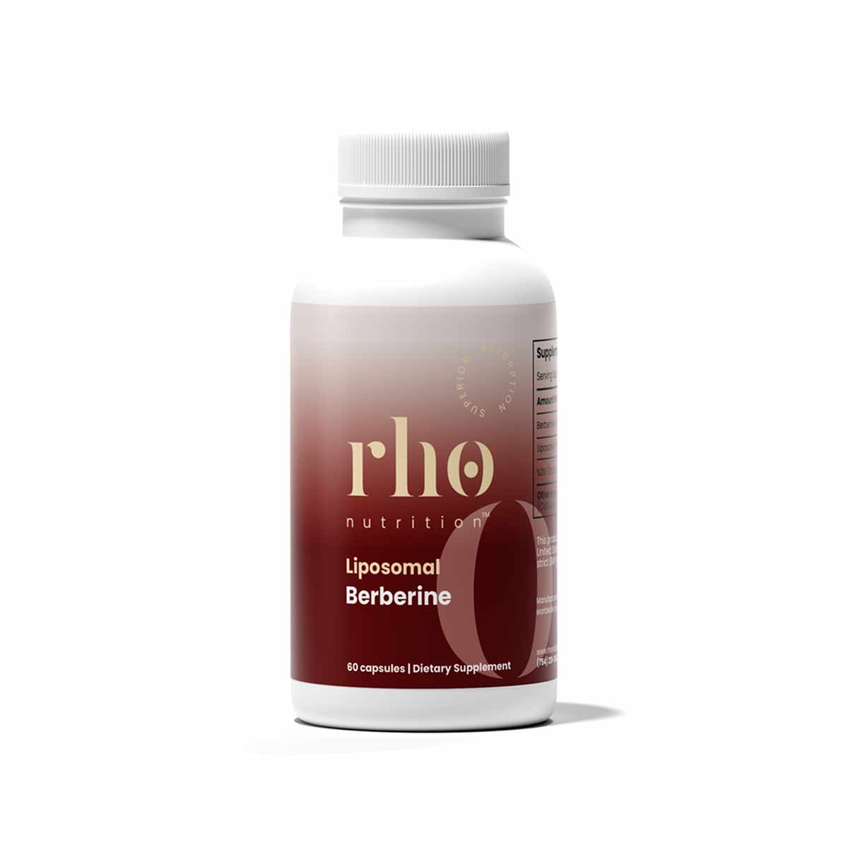 Rho Nutrition Liposomal Berberine bottle with white cap containing 60 capsules, burgundy and white label.