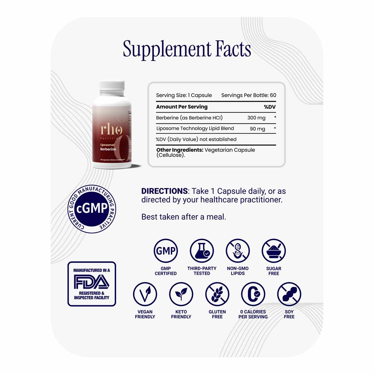 Supplement Facts label for Rho Liposomal Berberine showing 300mg berberine per capsule, 60 servings, with cGMP certification 