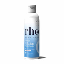 Rho Nutrition white and blue liquid supplement bottle with pump dispenser labeled Liposomal Collagen Peptides Complex.