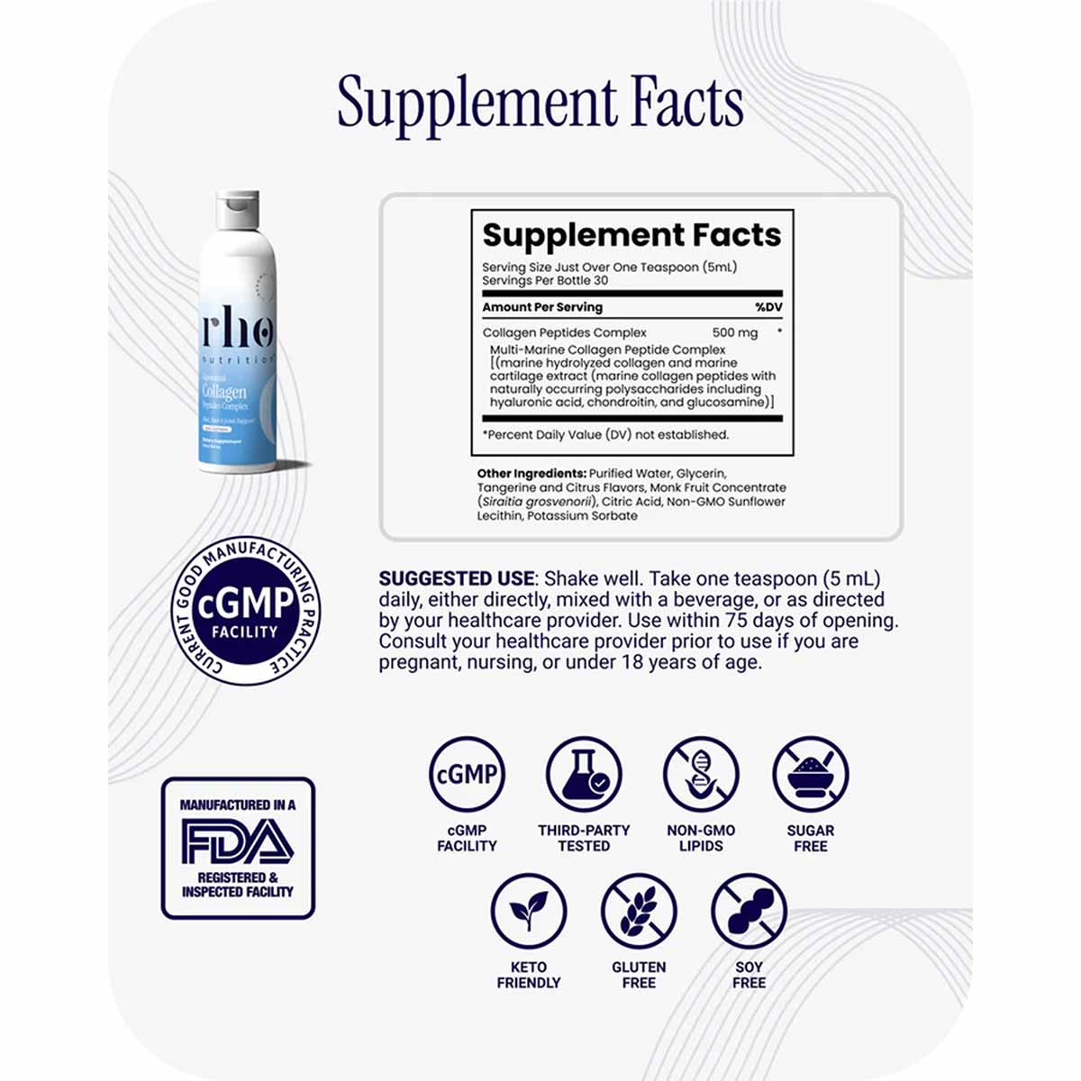 Supplement facts label for Rho Nutrition liposomal collagen liquid showing ingredients, serving size, and cGMP/FDA certificat