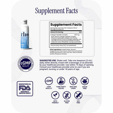 White bottle labeled "rho Nutrition Liposomal Collagen" with supplement facts panel, ingredients list, usage instructions, an