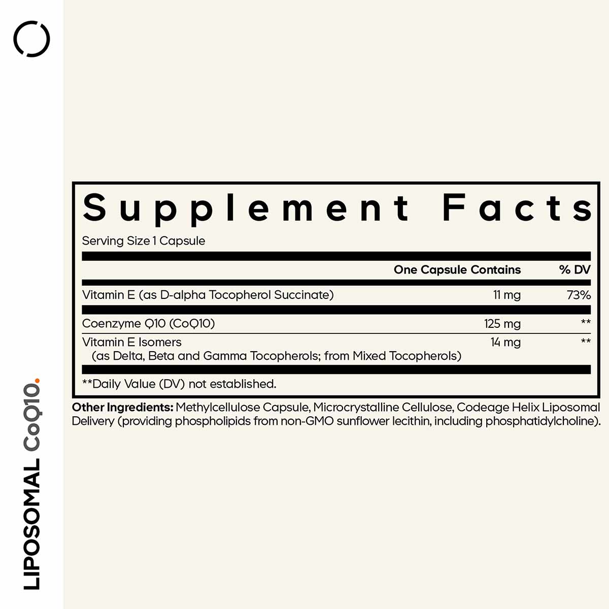 Supplement Facts label showing Liposomal CoQ10 capsule with 125 mg Coenzyme Q10, Vitamin E, and other ingredients listed.