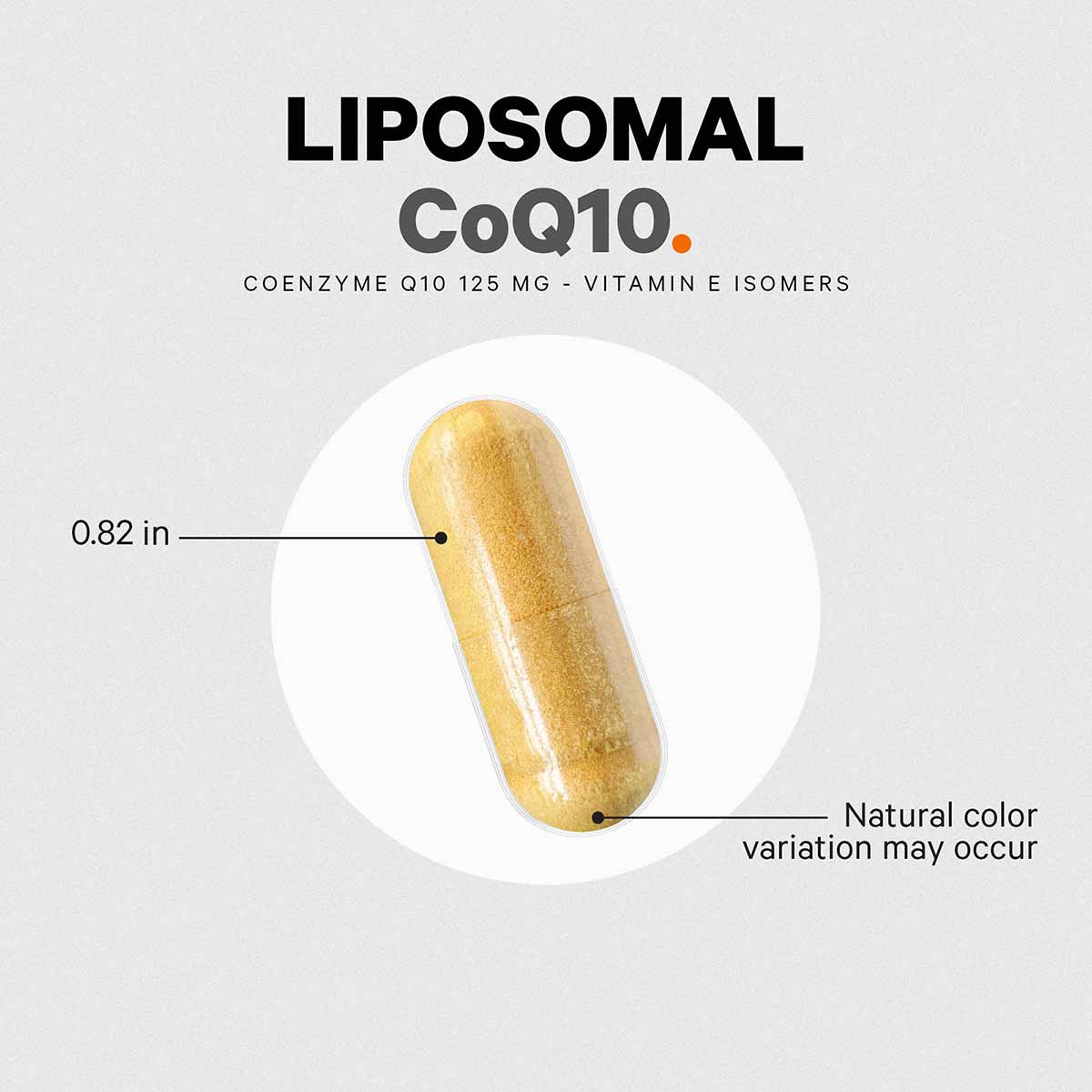 Gold-colored liposomal CoQ10 capsule measuring 0.82 inches with text indicating CoEnzyme Q10 125 MG and Vitamin E isomers.