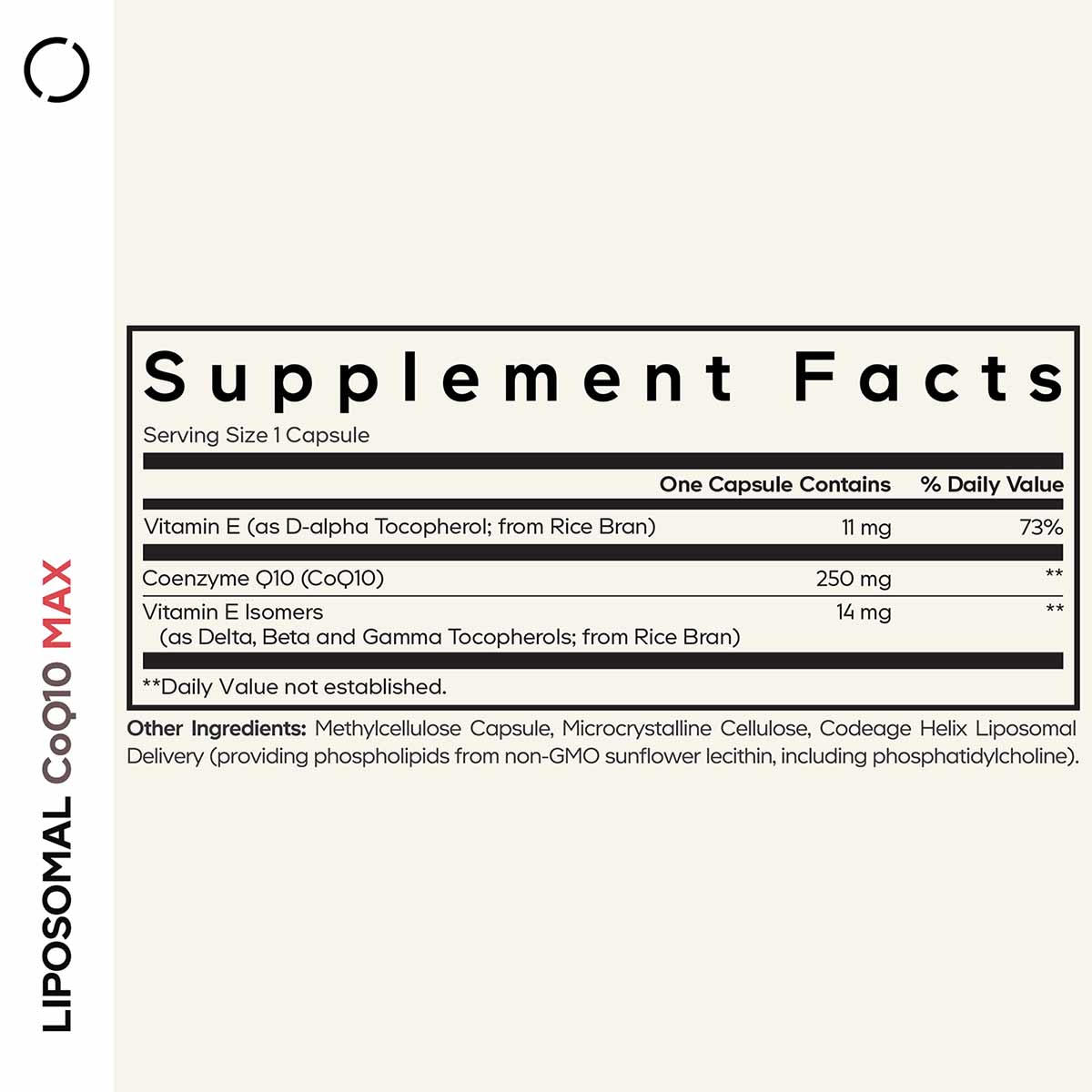 Supplement Facts label for Liposomal CoQ10 Max showing serving size, ingredients including Coenzyme Q10, Vitamin E, and deliv