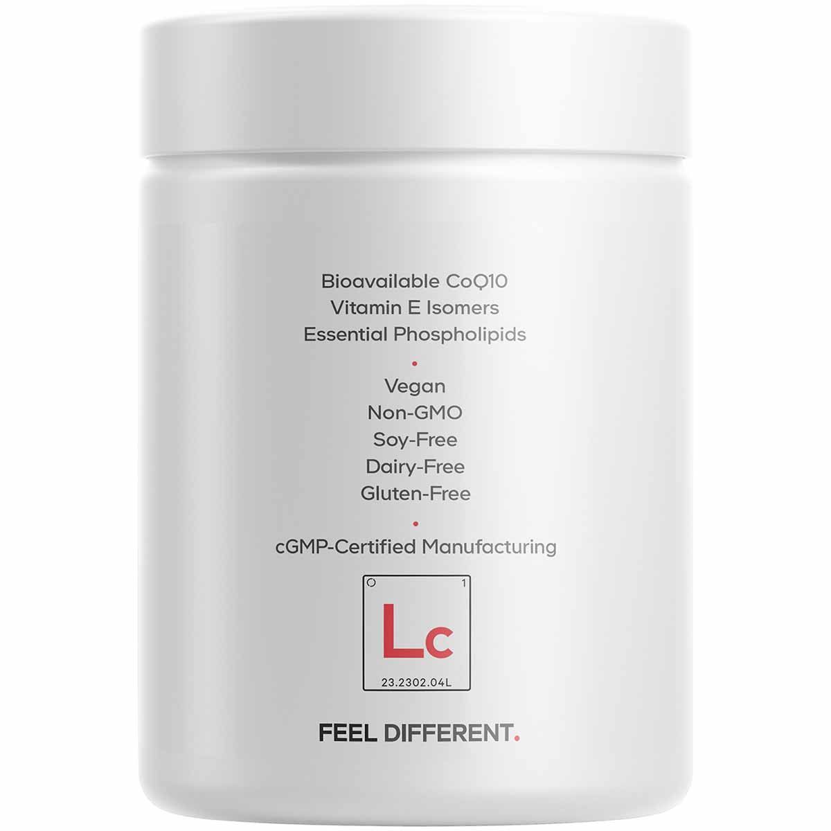 White cylindrical supplement bottle labeled with CoQ10, Vitamin E Isomers, and Essential Phospholipids ingredients and certif