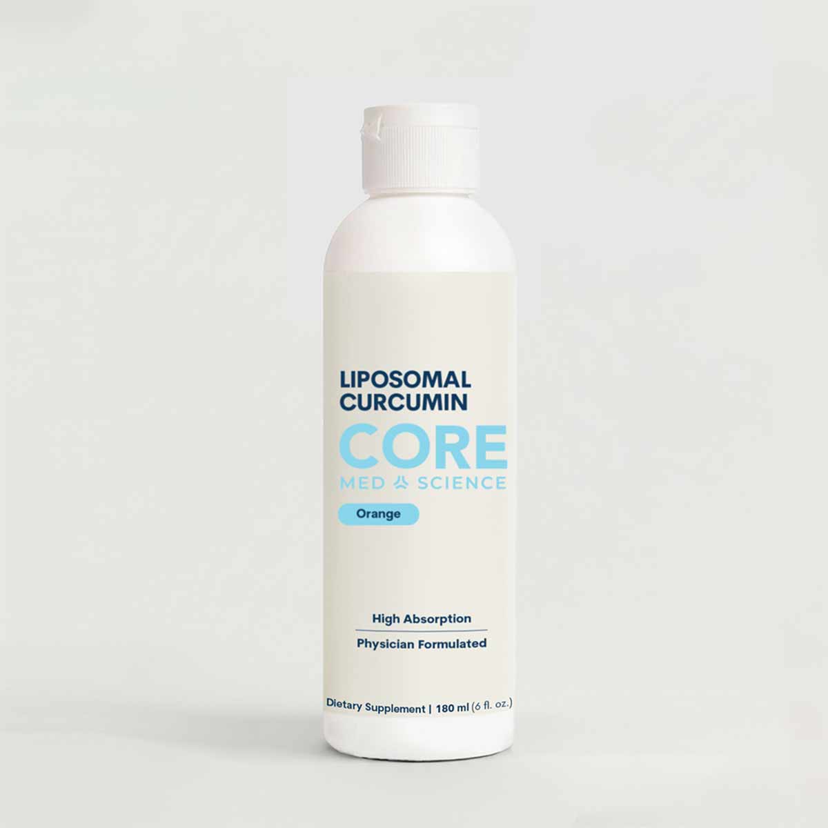 White plastic bottle with white cap containing liposomal curcumin liquid supplement, labeled Core Med Science, orange flavor,