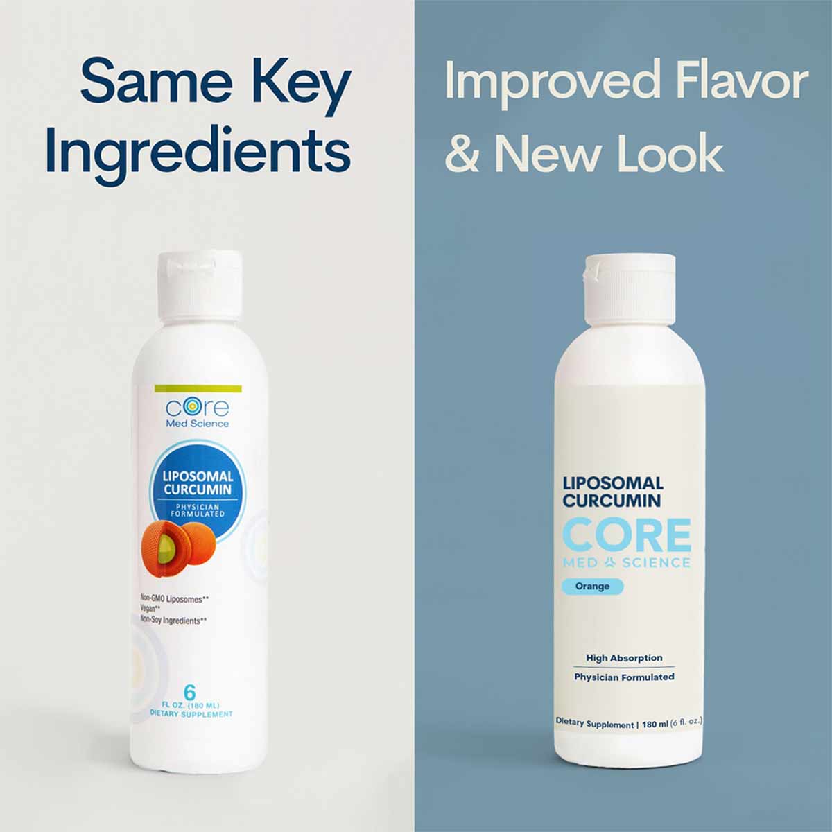 Two white bottles of Core Med Science Liposomal Curcumin liquid supplement showing old and new packaging designs side by side