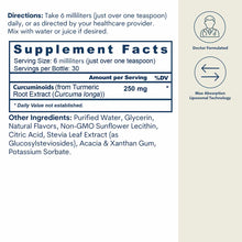 Liposomal curcumin supplement label showing directions, supplement facts with 250mg curcuminoids per serving, and ingredient 