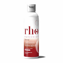 White and red bottle of Rho Nutrition Liposomal Curcumin + Resveratrol dietary supplement liquid, 1.64 fl oz.