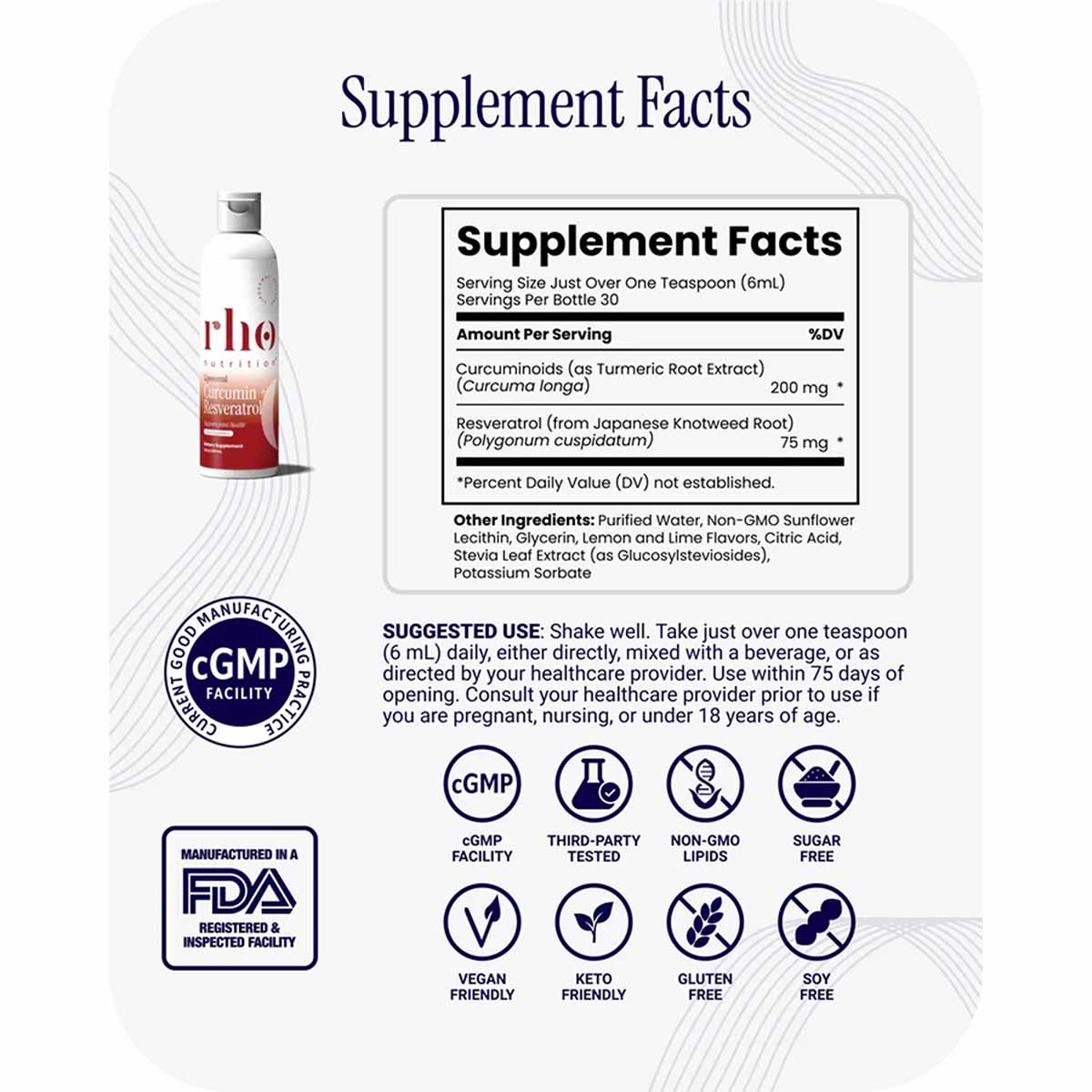 Rho Nutrition liposomal curcumin and resveratrol supplement liquid bottle with supplement facts label and certification badge
