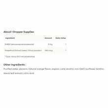 Nutritional supplement facts label showing ingredient information for DHEA liposomal liquid with dropper dosage details.