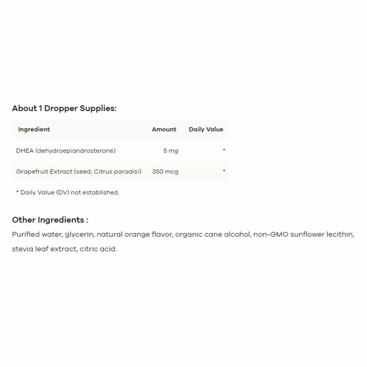 Nutritional supplement facts label showing ingredient information for DHEA liposomal liquid with dropper dosage details.