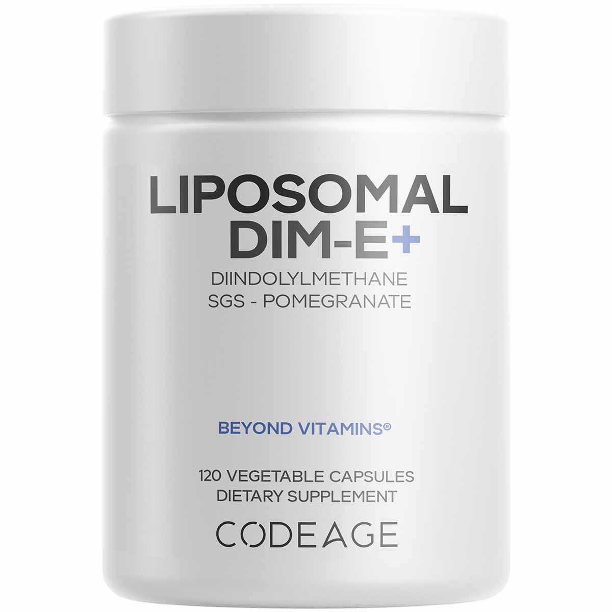 White cylindrical supplement bottle labeled "Liposomal DIM-E+" with 120 vegetable capsules by Codeage.