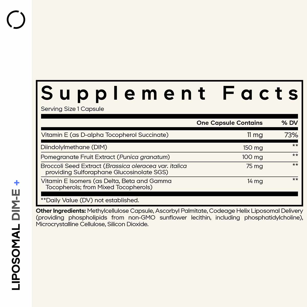 Supplement Facts label for Liposomal DIM-E+ capsules listing vitamin E, DIM, pomegranate extract, broccoli seed extract, and 