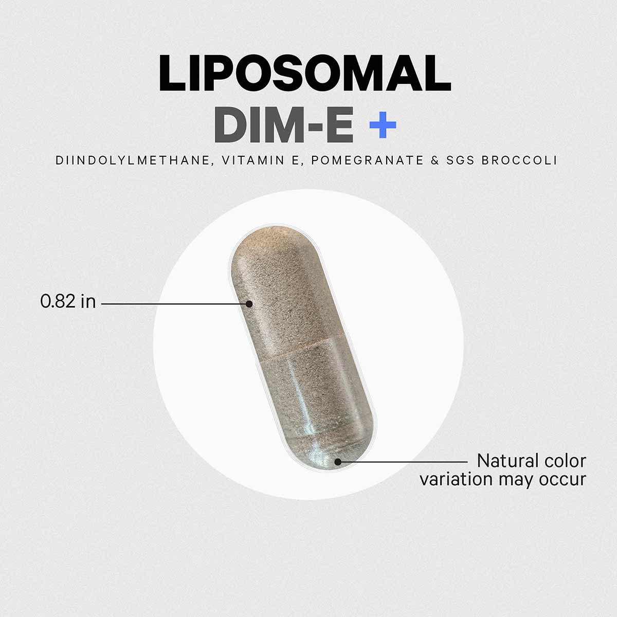 Tan and clear liposomal capsule measuring 0.82 inches, labeled with product name and key ingredients.